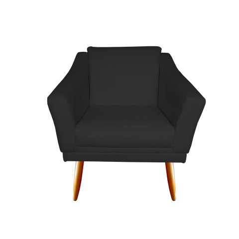 Poltrona Decorativa Agatha Couro Preto Pés Madeira Mz Decor