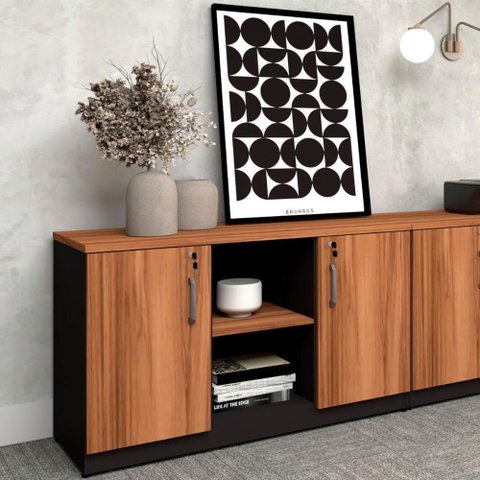 Armário para Escritório Armário Baixo 120cm Linha de Alto Padrão 2 Portas 3 Prateleiras Nogal