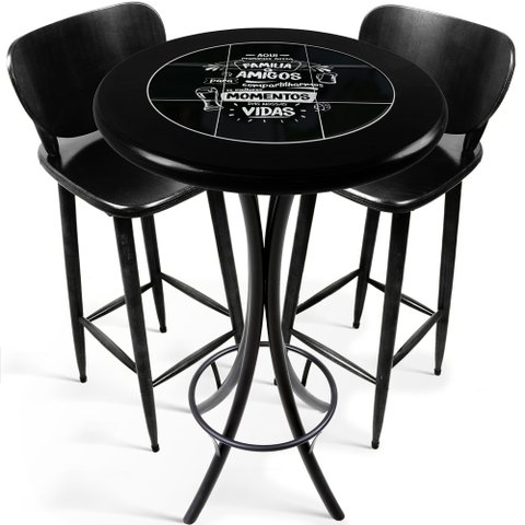 Cj Mesa Madeira Azulejo 60cm - Bistrô Fixa 98cm + 2 Banquetas 73 - Preta - Família e Amigos