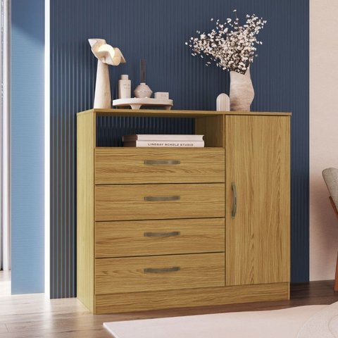 Cômoda para Quarto 1 Porta e 4 Gavetas Bege/Ipê