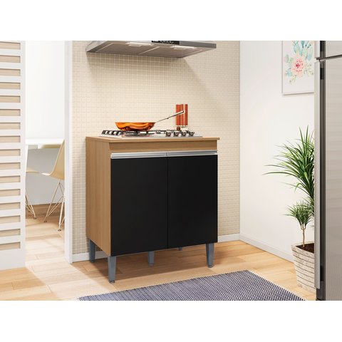 Balcão Cooktop Compacto 79 Cm com Tampo 2 Portas - Andréia: Amendoa/preto