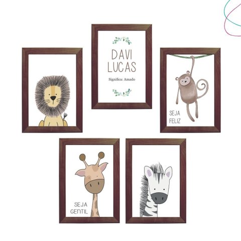 Kit 5 Quadros Decorativos Infantil Safari com Moldura:tabaco