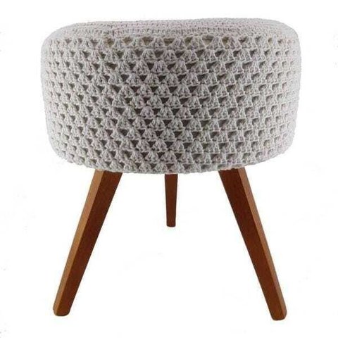 Banqueta Puff Pé Madeira Crochê Branco Off 46cm Altura