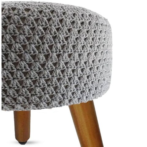 Banqueta Puff Pé Madeira Crochê Cinza Grafite 46cm Altura
