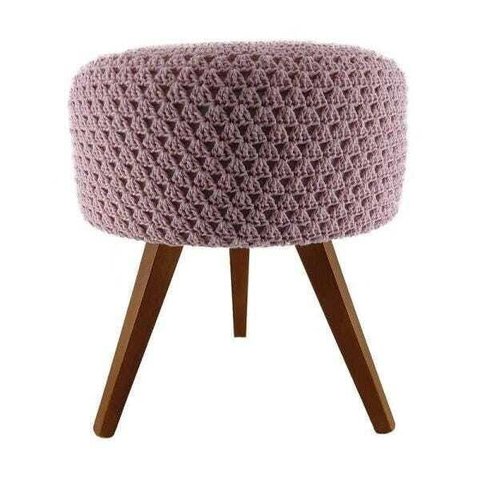 Banqueta Puff Bergen Pé Madeira Crochê Rosa 46cm Altura