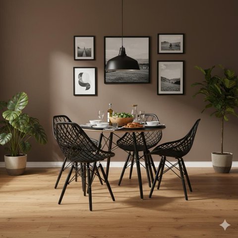 Conjunto Mesa Redonda Eames Black 90cm + 4 Cadeiras Kaila Dsw Sala Cozinha Jantar La Mobilia