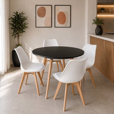 Conjunto Leda Mesa Tampo Preto 90cm & 4 Cadeiras Pés de Madeira Branca Almofada