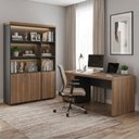 Ver imagem 4 de Mesa Escritorio 4 Gavetas 180x80 cm e Estante com LED 193x136 cm 3 Portas Nogal Preto Artany