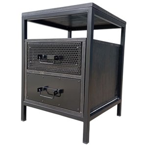 Mesa de Cabeceira de Madeira e Ferro na Cor Preta - com 2 Gavetas e 1 Nicho Vazado