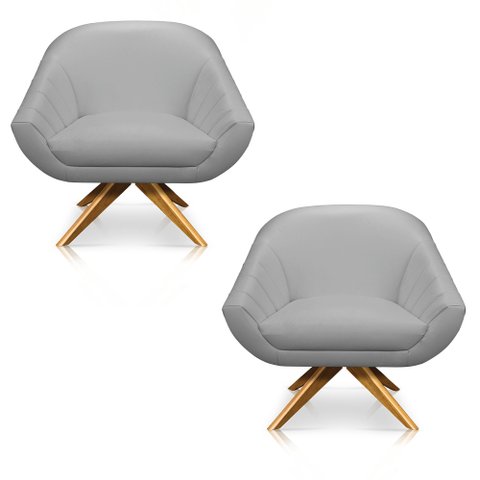 Kit 2 Poltronas Giratória Giovana Corino Cinza Base Madeira Ma30 - D'Rossi