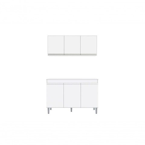 Balcão Gabinete Manu 120cm  Com Tampo e Armário Aéreo Andreia 120cm-  Branco