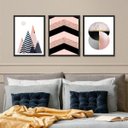 Ver imagem 1 de Kit 3 Quadros Geométricos Quarto Rosa e Preto 45x34cm:madeira Preta