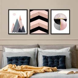 Kit 3 Quadros Geométricos Quarto Rosa e Preto 45x34cm:madeira Preta - 1