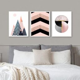Kit 3 Quadros Geométricos Quarto Rosa e Preto 45x34cm:madeira Preta - 2