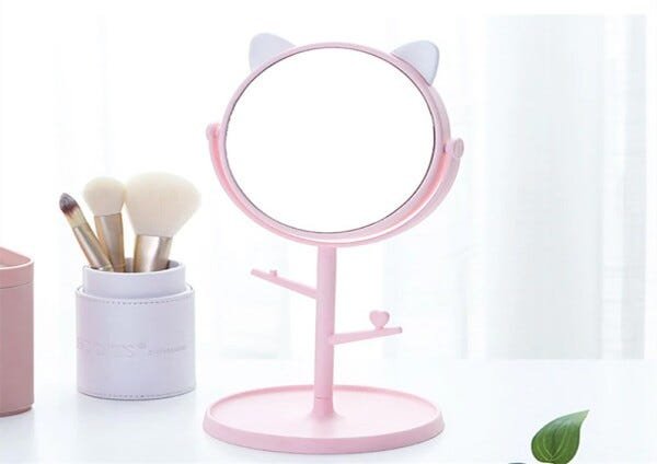 Espelho Mesa Penteadeira Gatinho com Porta Maquiagem Bijuteria Joia Rotação 360º - Rosa com Orelhas - 3