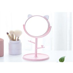 Espelho Mesa Penteadeira Gatinho com Porta Maquiagem Bijuteria Joia Rotação 360º - Rosa com Orelhas - 3