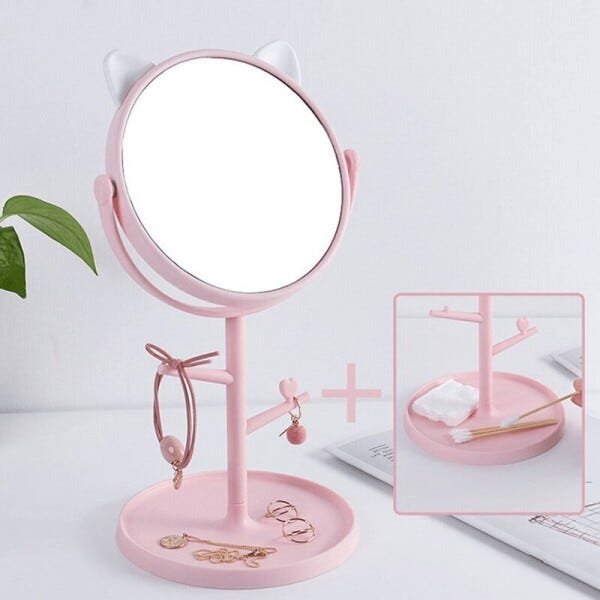 Espelho Mesa Penteadeira Gatinho com Porta Maquiagem Bijuteria Joia Rotação 360º - Rosa com Orelhas - 2