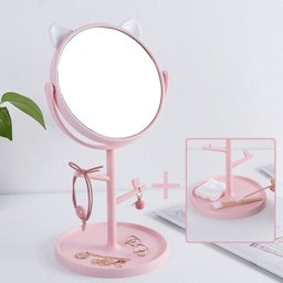 Espelho Mesa Penteadeira Gatinho com Porta Maquiagem Bijuteria Joia Rotação 360º - Rosa com Orelhas - 2