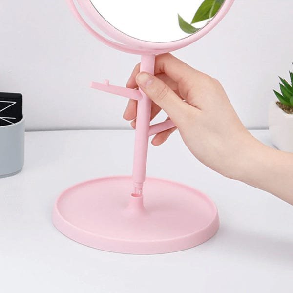 Espelho Mesa Penteadeira Gatinho com Porta Maquiagem Bijuteria Joia Rotação 360º - Rosa com Orelhas - 8