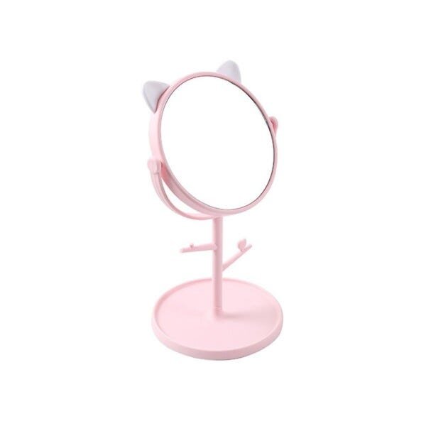 Espelho Mesa Penteadeira Gatinho com Porta Maquiagem Bijuteria Joia Rotação 360º - Rosa com Orelhas - 1