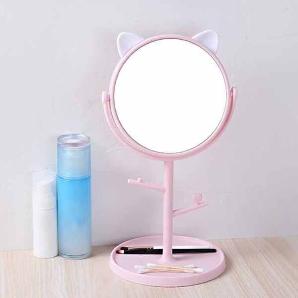 Espelho Mesa Penteadeira Gatinho com Porta Maquiagem Bijuteria Joia Rotação 360º - Rosa com Orelhas - 7