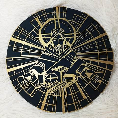 Quadro Redondo Decoração Religiosa Efeito 3d Imagem de Cristo Jesus Deus Mdf 3mm Prata Dourado Fé