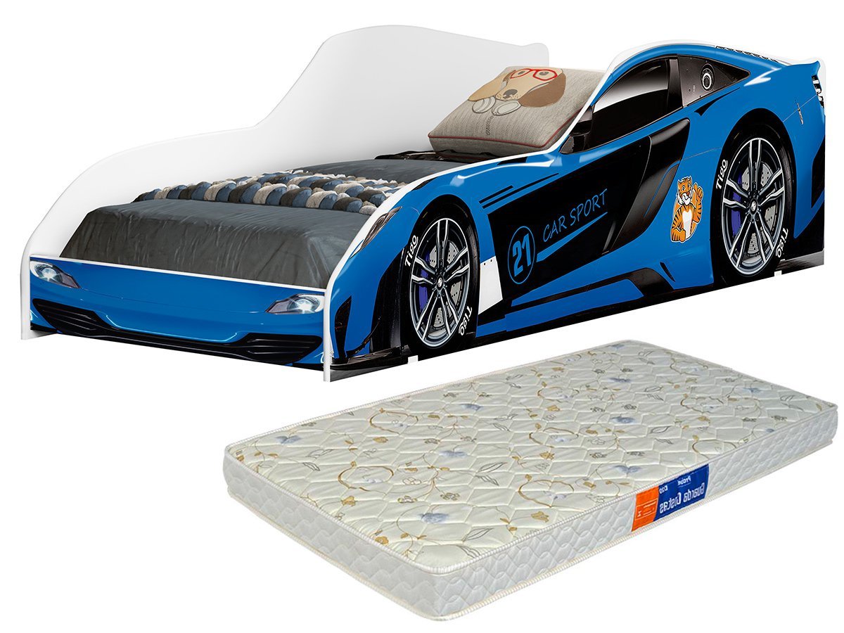 Cama Carro Infantil Azul com Grade de Proteção com Colchão