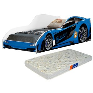 Cama Carro Infantil Azul com Grade de Proteção com Colchão