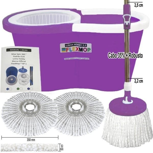 Balde Mop com Cabo 35% + Robusto de 25mm + Dupla Bucha Na Cesta Padrão Usa Marca Official Flexmop®Nº 1 - 3