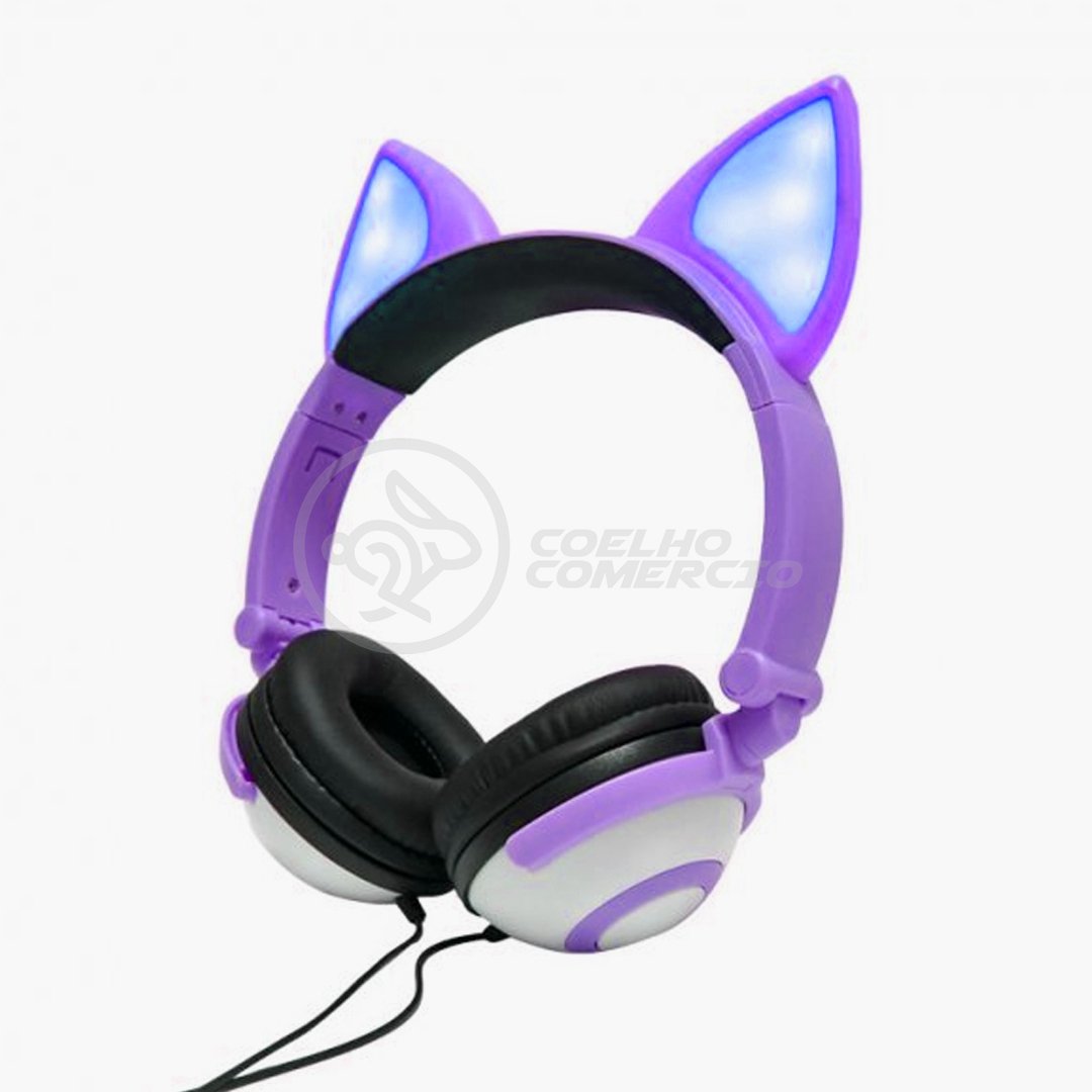 Fone de Ouvido Gatinho Fox Sem Fio Com Led Orelha Gato Dobrável Infantil  Microfone H'Maston - Roxo