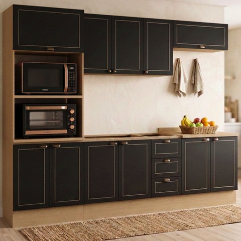 Cozinha Modulada 6 Peças Aéreos, Balcões e Torre Quente Conecta Frise Yescasa Cinamomo/Preto
