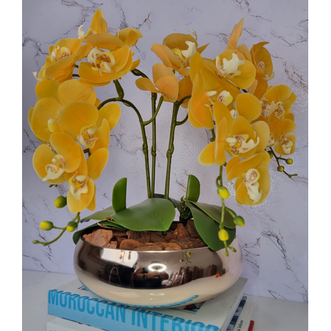 Arranjo Com 4 Orquídeas Amarela Vaso Dourado 28cm