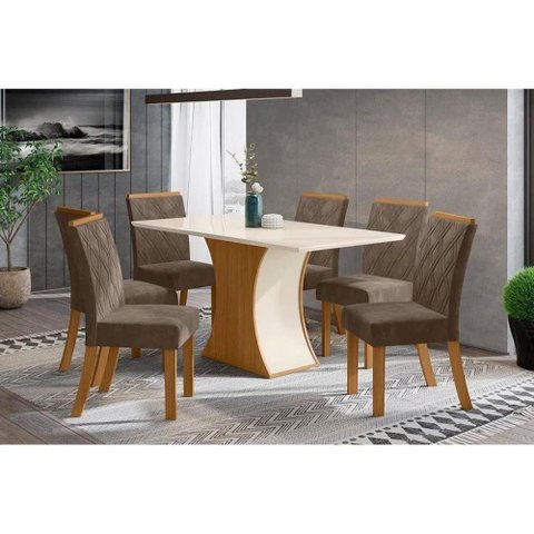Conjunto: Mesa Sala Jantar Luiza c/ Tampo Madeirado c/ Vidro Canto Reto 160cm + 6 Cadeiras Vita