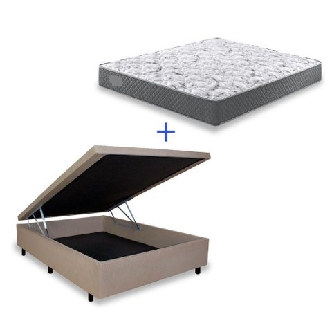 Cama Box Baú Casal Colchão Espuma D33 Bordado+Box Suede Bege