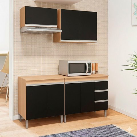 Conjunto Kit Cozinha Balcão Pia sem Tampo Balcão Cooktop e 2 Armários Aéreos Compacta Ajl Móveis