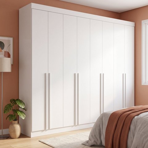 Guarda Roupa Casal 100% MDF 8 Portas 8 Gavetas com Cabideiros e Prateleiras 275x240x57cm Branco