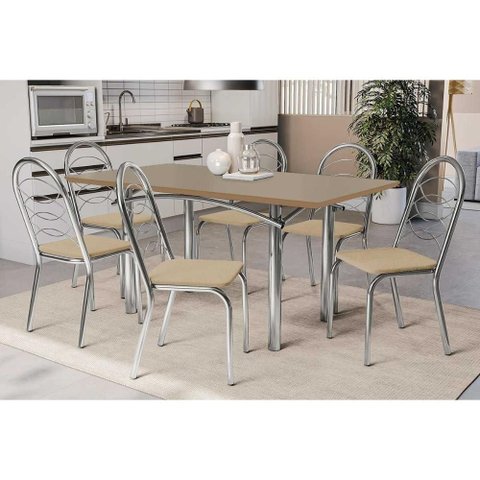 Conjunto: Mesa Sala Jantar Elba Tampo Madeirado C/ Vidro 160cm e 6 Cadeiras Holanda Cromada/freijo