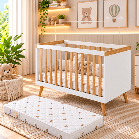 Kit Berço Sky Branco/Amêndoa + Colchão Orthoflex Infantil