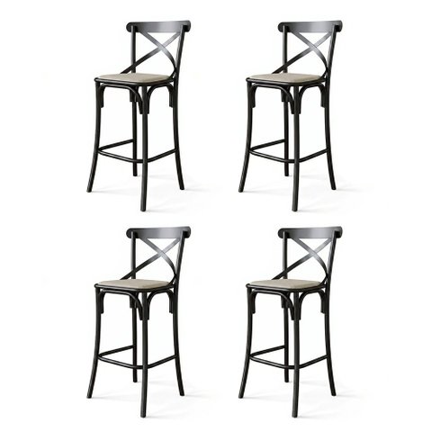 Conjunto 4 Banquetas X em Aço Preta com Encosto Vazado e Assento em Corano para Bancada - Bege