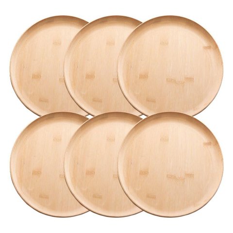 Jogo 6 Prato Raso de Bambu Natural Ecológico Pratinho Madeira Lyor 27cm