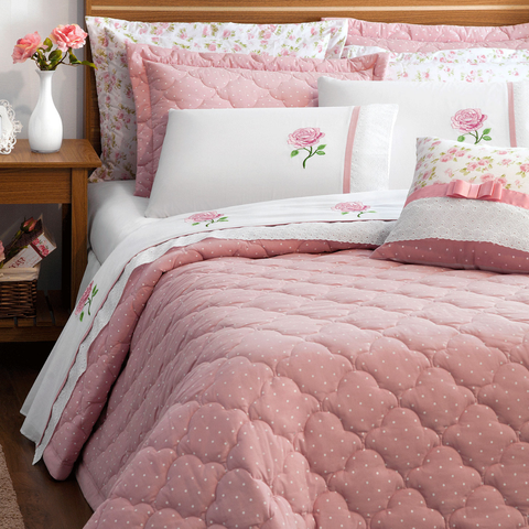 Colcha Queen Size Stella 100% Algodão Bordado Super Luxuoso Athena:rosa