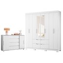 Ver imagem 1 de Guarda Roupa Casal Doble 08 Portas com Espelho e Cômoda Evidenza Branco Freijo Flex- Móveis Albatroz