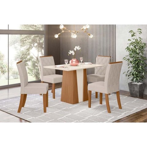 Conjunto: Mesa Sala Jantar Orus C/ Tampo Madeirado 120x80cm e 4 Cadeiras Vita Nature/off White -
