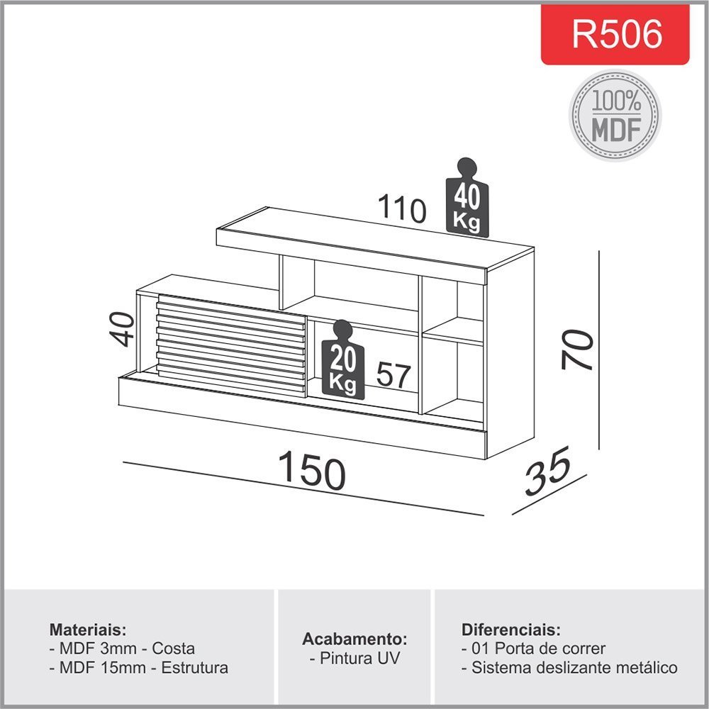 Rack bancada para TV 55" 100% MDF C/1 porta Dalla Costa: Off White/Freijó - 2