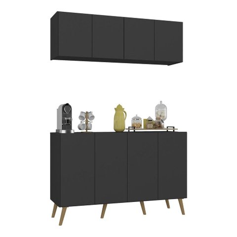 Conjunto Cantinho do Café Retrô Armário e Aparador 4 Portas Multimóveis Mp1084 Preto/natural