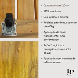 Kit 2 Suportes Base Vaso Plantas Madeira Rodinhas 20cm. - 6