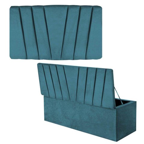 Kit Painel Cabeceira E Calçadeira Baú 90cm Solteiro Azul