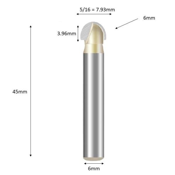 Fresa Meia Esfera / Ponta U / Meia Cana Haste 6mm Corte 5/16 - 2