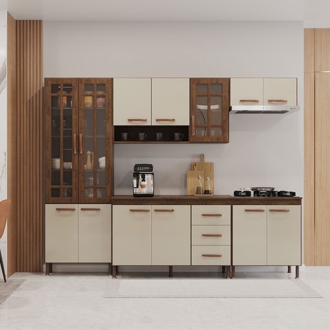 Cozinha Modulada Completa Fidelitá Lisboa 5 Peças 260cm 13 Portas 3 Gavetas com Tampo