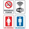 Kit 4 Placas sinalização interna Banheiros, Proibido Fumar e Wifi - 1